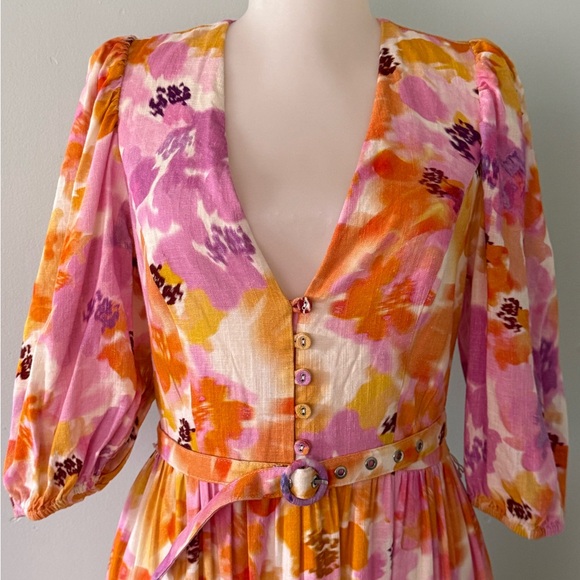 NICHOLAS Spring Summer Floral Linen Maxi Dress Sz 4 - Picture 7 of 10